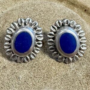 Vintage Lapis Azul and Sterling Silver .925 Rustic Western Oval Earrings
